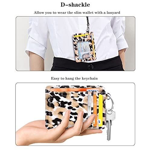 Slim Front Pocket Wallet RFID ID Card Holder Cute Small Wallet with Keychian for Women,Leopard