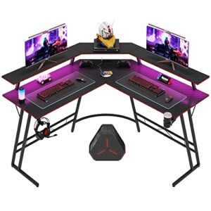 flamaker gaming desk with led lights & power outlets, l-shaped computer corner desk with carbon fiber surface & monitor stand, ergonomic gamer table with cup holder, headphone hook, black