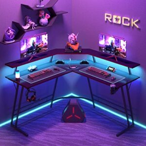 Flamaker Gaming Desk with LED Lights & Power Outlets, L-Shaped Computer Corner Desk with Carbon Fiber Surface & Monitor Stand, Ergonomic Gamer Table with Cup Holder, Headphone Hook, Black