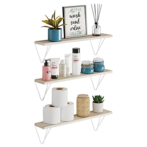 Wallniture Colmar 24" Bathroom Shelves Wall Mounted, Floating Shelves for Wall Decor, Wall Bookshelf Living Room Decor, Wall Shelves for Bedroom & Kitchen, White Brackets, Wood, Natural Set of 3