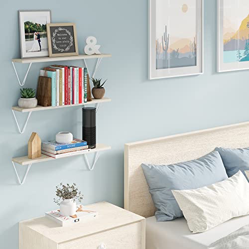 Wallniture Colmar 24" Bathroom Shelves Wall Mounted, Floating Shelves for Wall Decor, Wall Bookshelf Living Room Decor, Wall Shelves for Bedroom & Kitchen, White Brackets, Wood, Natural Set of 3