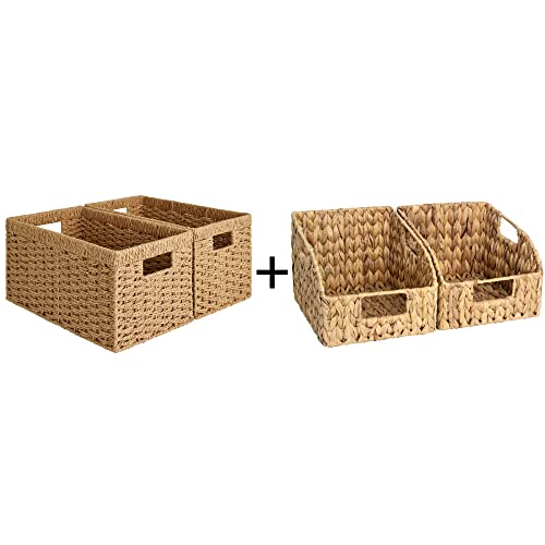 StorageWorks Set of 4 Round Paper Rope Storage Baskets, Rectangular Wicker Baskets with Built-in Handles