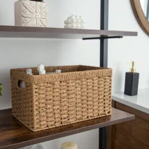 StorageWorks Set of 4 Round Paper Rope Storage Baskets, Rectangular Wicker Baskets with Built-in Handles