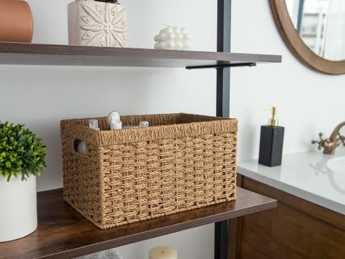 StorageWorks Set of 4 Round Paper Rope Storage Baskets, Rectangular Wicker Baskets with Built-in Handles