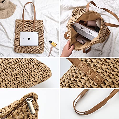 Give yibao Women's Straw Bags Handmade Woven Tote bag with Zipper Pocket Large Shoulder Bag