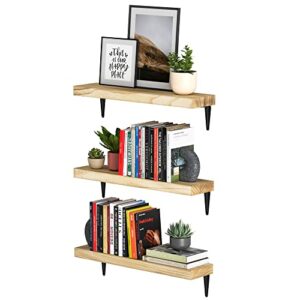 wallniture arras 24″ floating shelves for storage, bookshelf living room decor, kitchen storage shelves, wall shelves for bathroom decor, bedroom wall shelf and office decor set of 3, burnt, wood