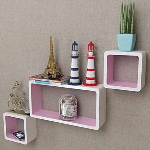 Keketa 3 White-Pink MDF Floating Wall Display Shelf Cubes Book/DVD Storage for Home, Living Room, Office