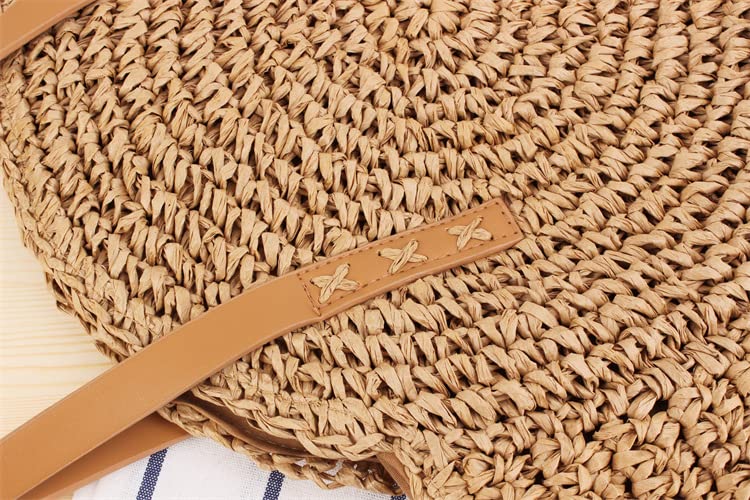 CWCYYDSYY Straw Beach Handbags Summer Handmade Round Corn Woven Shoulder Tote Bohemia Bags Purse for Women(Khaki -1)