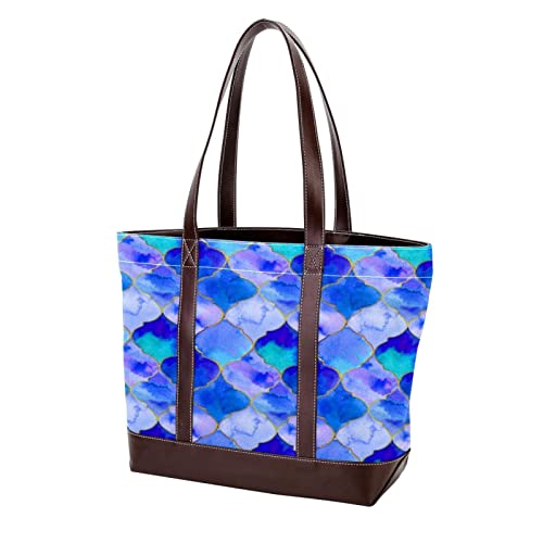 TBOUOBT Handbags for Women Fashion Tote Bags Shoulder Bag Satchel Bags, Blue Watercolor Quatrefoil Oriental Tiles