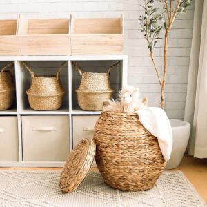 Large Wicker Storage Baskets, Natural Multipurpose Barrel Storage Tub with Lid, Woven Water Hyacinth Storage for Organizing in any Room