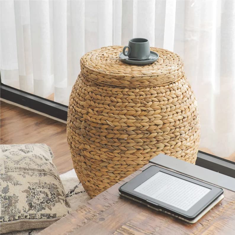 Large Wicker Storage Baskets, Natural Multipurpose Barrel Storage Tub with Lid, Woven Water Hyacinth Storage for Organizing in any Room