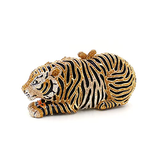 Tngan Women Cute Tiger Shaped Evening Clutch Sparkling Rhinestones Handbag Prom Party Purse, Gold