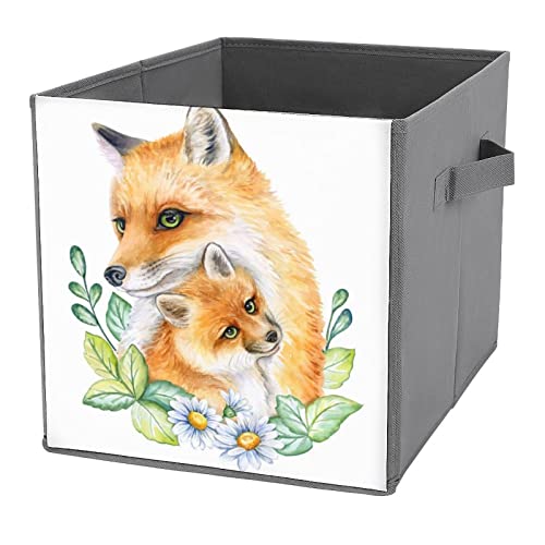 DamTma Foxes Mum with Kids Collapsible Storage Bins Mothers Day Fabric Storage Cubes with Handles Basket Storage Organizer for Shelves Closet Bedroom Living Room 10.6 in