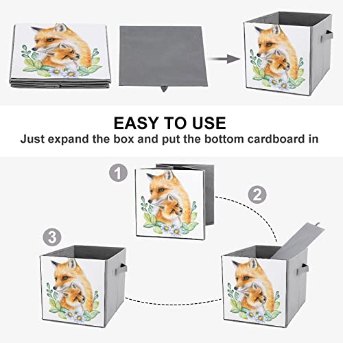 DamTma Foxes Mum with Kids Collapsible Storage Bins Mothers Day Fabric Storage Cubes with Handles Basket Storage Organizer for Shelves Closet Bedroom Living Room 10.6 in