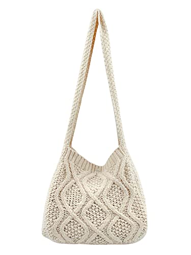 Verdusa Women's Crochet Shoulder HandBags Hobo Knitted Tote Bag Shopping Bags Beige one-size