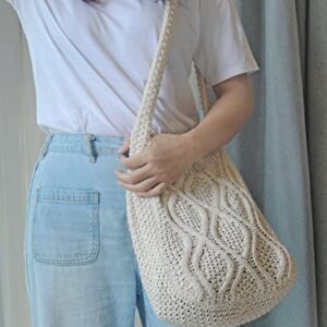 Verdusa Women's Crochet Shoulder HandBags Hobo Knitted Tote Bag Shopping Bags Beige one-size