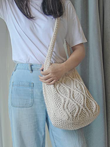 Verdusa Women's Crochet Shoulder HandBags Hobo Knitted Tote Bag Shopping Bags Beige one-size