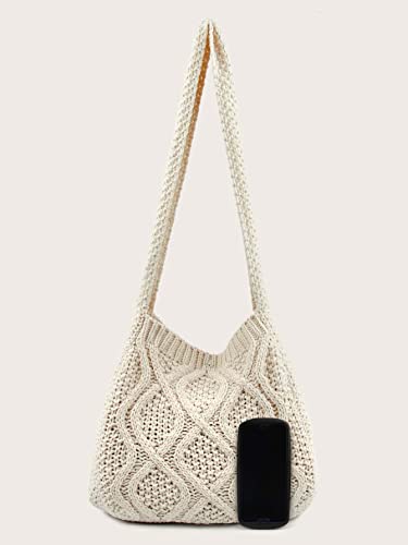 Verdusa Women's Crochet Shoulder HandBags Hobo Knitted Tote Bag Shopping Bags Beige one-size