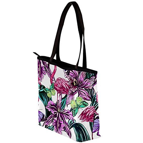 TBOUOBT Handbags for Women Fashion Tote Bags Shoulder Bag Satchel Bags, Purple Flower Tropical Flamingo Butterfly