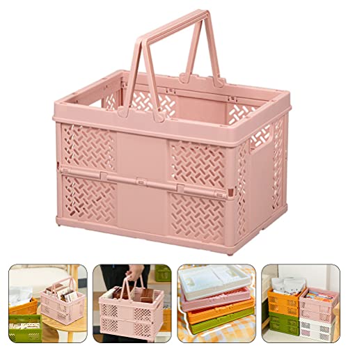 LUOZZY Collapsible Storage Storage Basket Handheld Plastic Sundries Holders Folding Basket Box With Handle, Pink