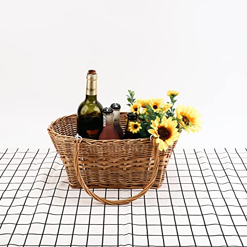 YAHUAN Rectangular Wicker Storage Baskets with Collapsible Handles, Hand Woven Wicker Basket for Shopping Picnic Garden Easter Candy