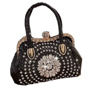 diamond handbags for women purses hobo tote bag crossbody bag genuine leather fashion top handle satchel evening bags (black)