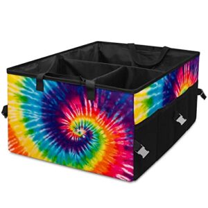 gactivity colorful tie dye car trunk organizer,collapsible cargo storage tote bag,non slip,3 divider compartments, automotive interior accessories for auto suv truck vehicle picnic camping