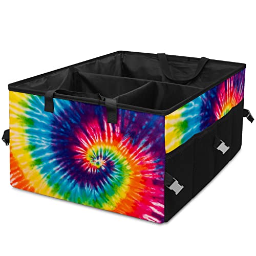 GACTIVITY Colorful Tie Dye Car Trunk Organizer,Collapsible Cargo Storage Tote Bag,Non Slip,3 Divider Compartments, Automotive Interior Accessories for Auto SUV Truck Vehicle Picnic Camping