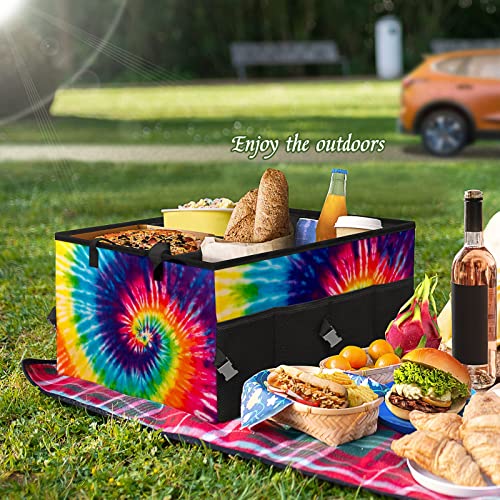 GACTIVITY Colorful Tie Dye Car Trunk Organizer,Collapsible Cargo Storage Tote Bag,Non Slip,3 Divider Compartments, Automotive Interior Accessories for Auto SUV Truck Vehicle Picnic Camping