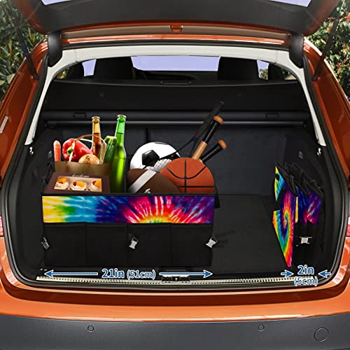 GACTIVITY Colorful Tie Dye Car Trunk Organizer,Collapsible Cargo Storage Tote Bag,Non Slip,3 Divider Compartments, Automotive Interior Accessories for Auto SUV Truck Vehicle Picnic Camping