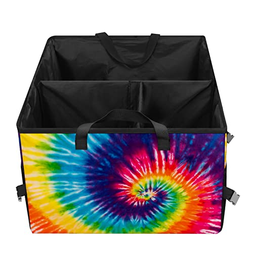 GACTIVITY Colorful Tie Dye Car Trunk Organizer,Collapsible Cargo Storage Tote Bag,Non Slip,3 Divider Compartments, Automotive Interior Accessories for Auto SUV Truck Vehicle Picnic Camping