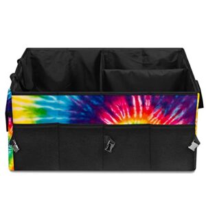 GACTIVITY Colorful Tie Dye Car Trunk Organizer,Collapsible Cargo Storage Tote Bag,Non Slip,3 Divider Compartments, Automotive Interior Accessories for Auto SUV Truck Vehicle Picnic Camping