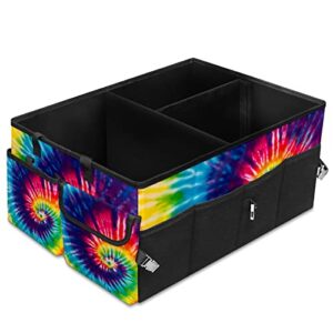 GACTIVITY Colorful Tie Dye Car Trunk Organizer,Collapsible Cargo Storage Tote Bag,Non Slip,3 Divider Compartments, Automotive Interior Accessories for Auto SUV Truck Vehicle Picnic Camping