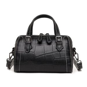 cow leather satchel handbag for women top handle crossbody bag small barrel purses ladies tote shoulder bag (black)