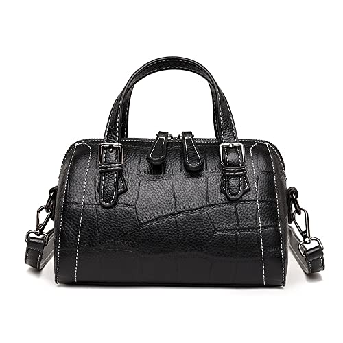 Cow Leather Satchel Handbag for Women Top Handle Crossbody Bag Small Barrel Purses Ladies Tote Shoulder Bag (Black)