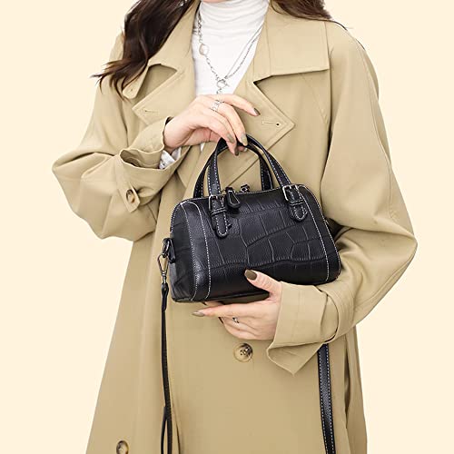 Cow Leather Satchel Handbag for Women Top Handle Crossbody Bag Small Barrel Purses Ladies Tote Shoulder Bag (Black)