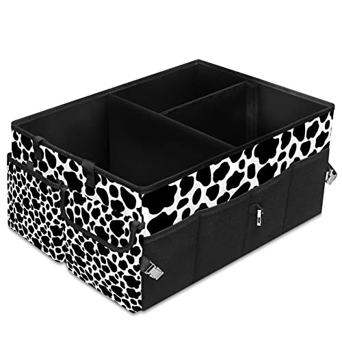 GACTIVITY Black And White Cow Print Car Trunk Organizer,Collapsible Cargo Storage Tote Bag,Non Slip,3 Divider Compartments, Automotive Interior Accessories for Auto SUV Truck Vehicle Picnic Camping