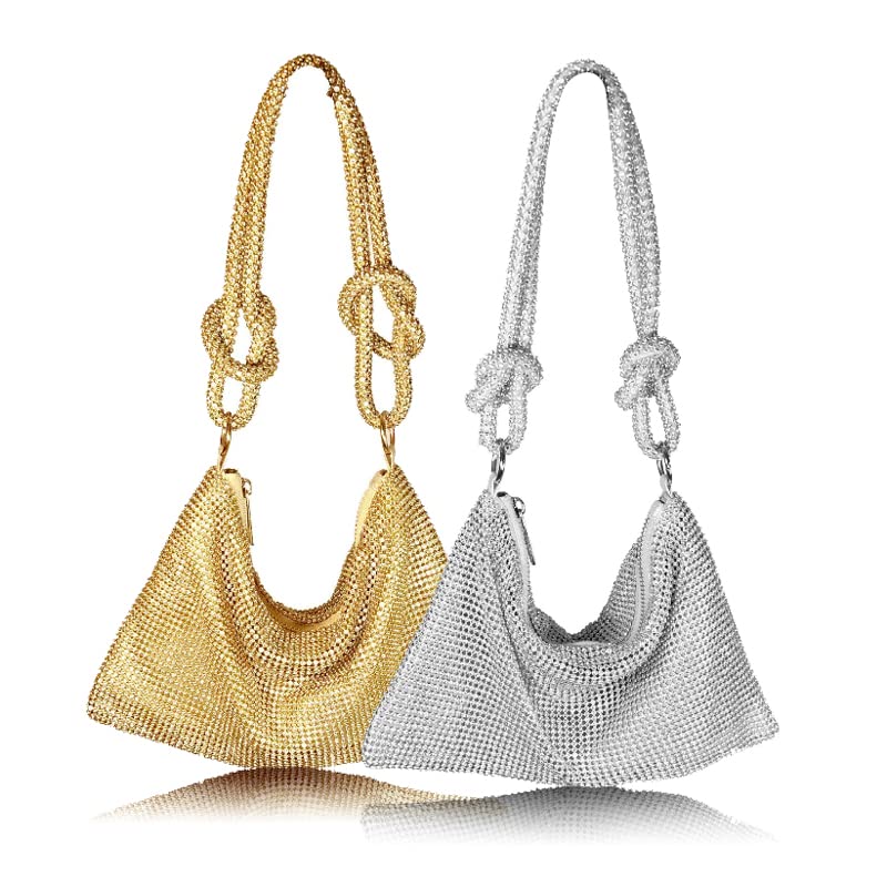 2-PACK Hobo Rhinestone Purse Sparkly Bag Silver Gold Diamond Purses for Women 2022 Upgrade Evening Prom Rhinestone Handbag (large)