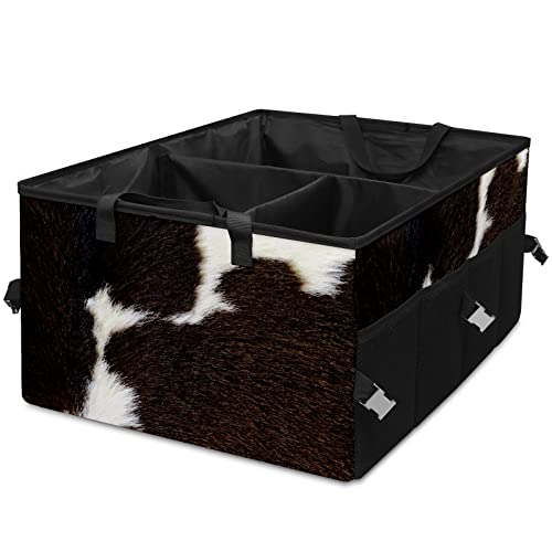 GACTIVITY Black And White Cowhide Car Trunk Organizer,Collapsible Cargo Storage Tote Bag,Non Slip,3 Divider Compartments, Automotive Interior Accessories for Auto SUV Truck Vehicle Picnic Camping