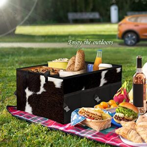 GACTIVITY Black And White Cowhide Car Trunk Organizer,Collapsible Cargo Storage Tote Bag,Non Slip,3 Divider Compartments, Automotive Interior Accessories for Auto SUV Truck Vehicle Picnic Camping