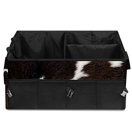 GACTIVITY Black And White Cowhide Car Trunk Organizer,Collapsible Cargo Storage Tote Bag,Non Slip,3 Divider Compartments, Automotive Interior Accessories for Auto SUV Truck Vehicle Picnic Camping