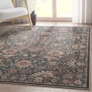 well woven liana flatweave persian floral 5’3″ x 7’3″ area rug charcoal grey & beige