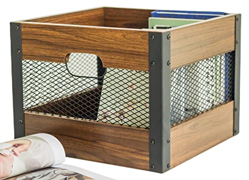 CRAZYWOOD Vinyl Record Storage Case, Wooden LP Record Storage Case, Magazine and Newspaper Storage Basket 13.6"(L)*14.3"(W)*10.6"(H) Inches Wooden Storage Basket