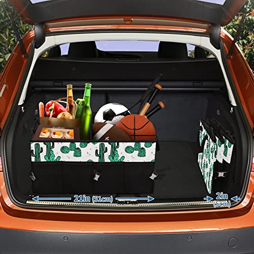 Cactus Summer Tropical Print Car Trunk Organizer,Collapsible Cargo Storage Tote Bag,Non Slip,3 Divider Compartments, Automotive Interior Accessories for Auto SUV Truck Vehicle Picnic Camping