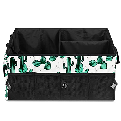 Cactus Summer Tropical Print Car Trunk Organizer,Collapsible Cargo Storage Tote Bag,Non Slip,3 Divider Compartments, Automotive Interior Accessories for Auto SUV Truck Vehicle Picnic Camping