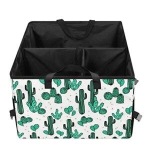 Cactus Summer Tropical Print Car Trunk Organizer,Collapsible Cargo Storage Tote Bag,Non Slip,3 Divider Compartments, Automotive Interior Accessories for Auto SUV Truck Vehicle Picnic Camping