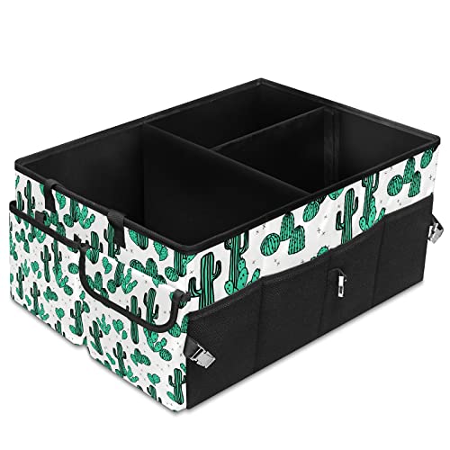 Cactus Summer Tropical Print Car Trunk Organizer,Collapsible Cargo Storage Tote Bag,Non Slip,3 Divider Compartments, Automotive Interior Accessories for Auto SUV Truck Vehicle Picnic Camping