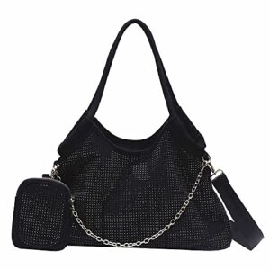 jechin bling rhinestone tote handbag for women, glitter tote shoulder top handle satchel hobo bags large capacity handbag (black)