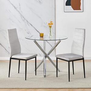 ansley&hosho modern dining table and chair set, 35.4″ round glass dining table with 2 grey velvet dining chairs, 3-piece dining room set kitchen table set dinette set, home kitchen furniture