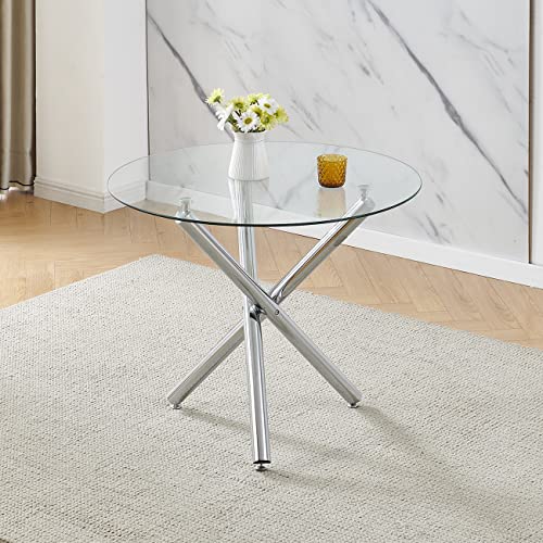 Ansley&HosHo Modern Dining Table and Chair Set, 35.4" Round Glass Dining Table with 2 Grey Velvet Dining Chairs, 3-Piece Dining Room Set Kitchen Table Set Dinette Set, Home Kitchen Furniture